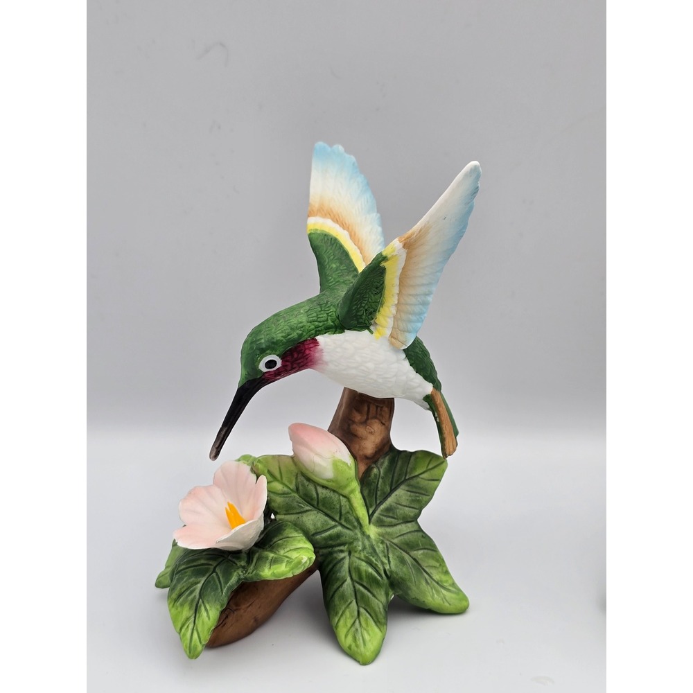 Pair Ceramic Hummingbirds with Flowers Figurine Hand Painted Collectible - Picture 3 of 8